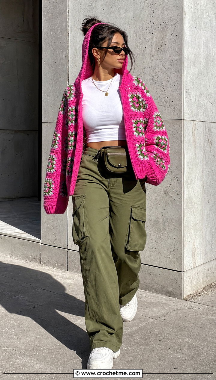 Zip Front Granny Square Hooded Jacket With Cargo Pants - 25 Granny Square Hooded Jacket outfit ideas