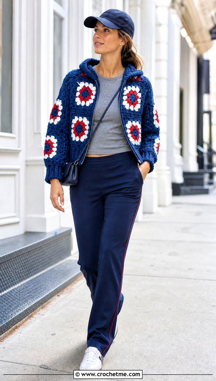 Zip Front Granny Square Hooded Jacket With Track Pants - 25 Granny Square Hooded Jacket outfit ideas