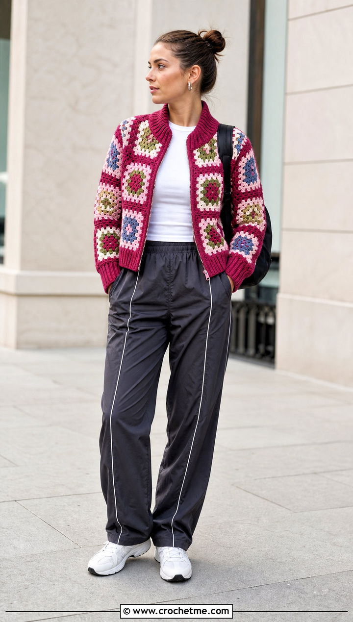 Zip Front Granny Square Jacket With Track Pants - 35 granny square crochet cardigan jacket outfit ideas