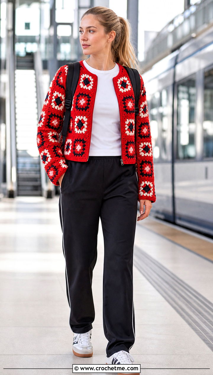 Zip Front Granny Square Jacket With Track Pants - 30 crochet granny square jacket outfit ideas