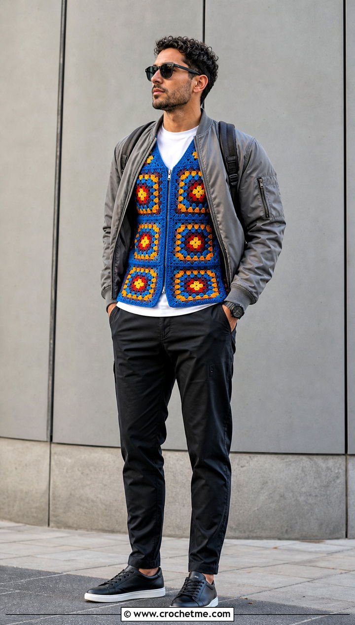 Zip Front Granny Square Mens Vest With Bomber Jacket - 25 crochet granny square mens vest outfit ideas