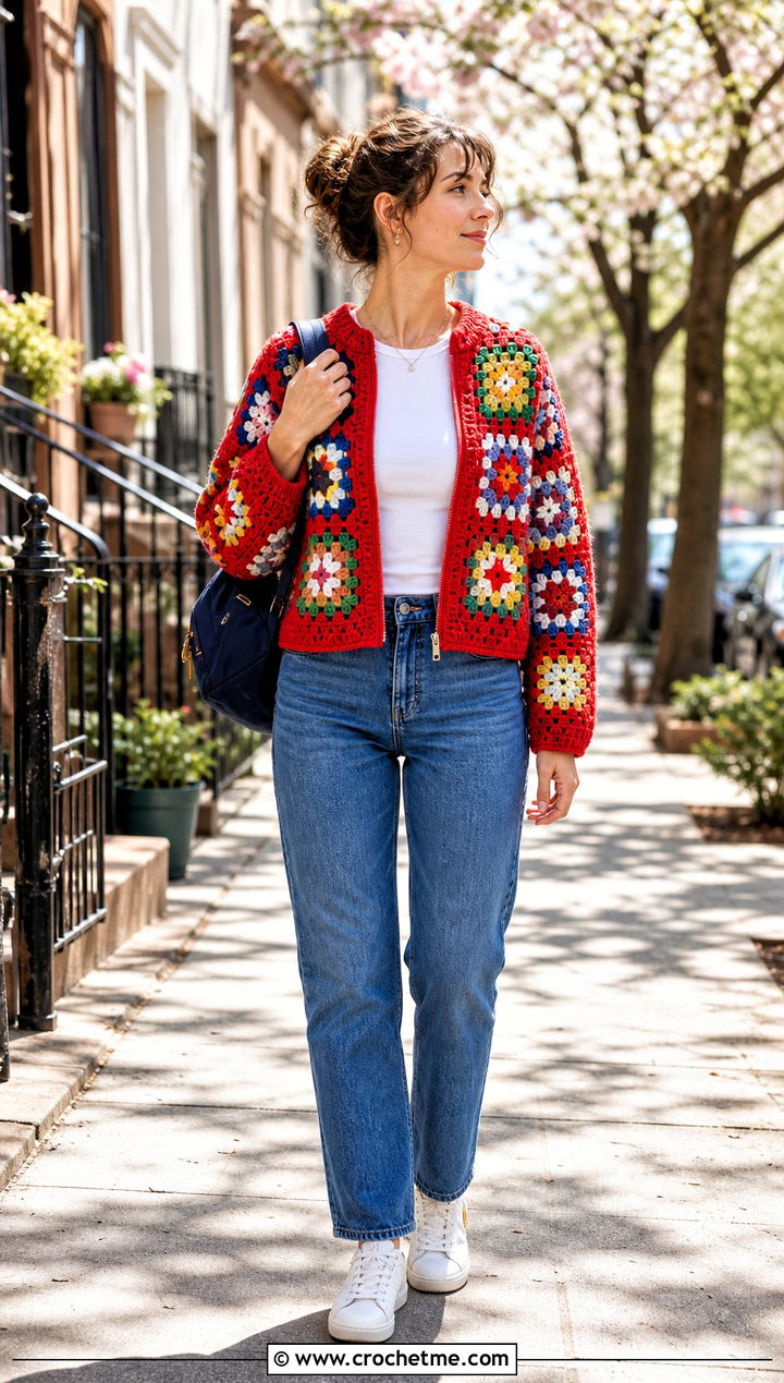 Zip Front Granny Square Sweater With Straight Jeans - 30 easy granny square sweater outfit ideas