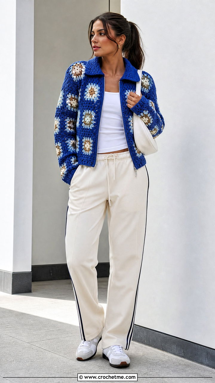 Zip Front Granny Square Sweater With Track Pants - 35 granny square sweater outfit ideas