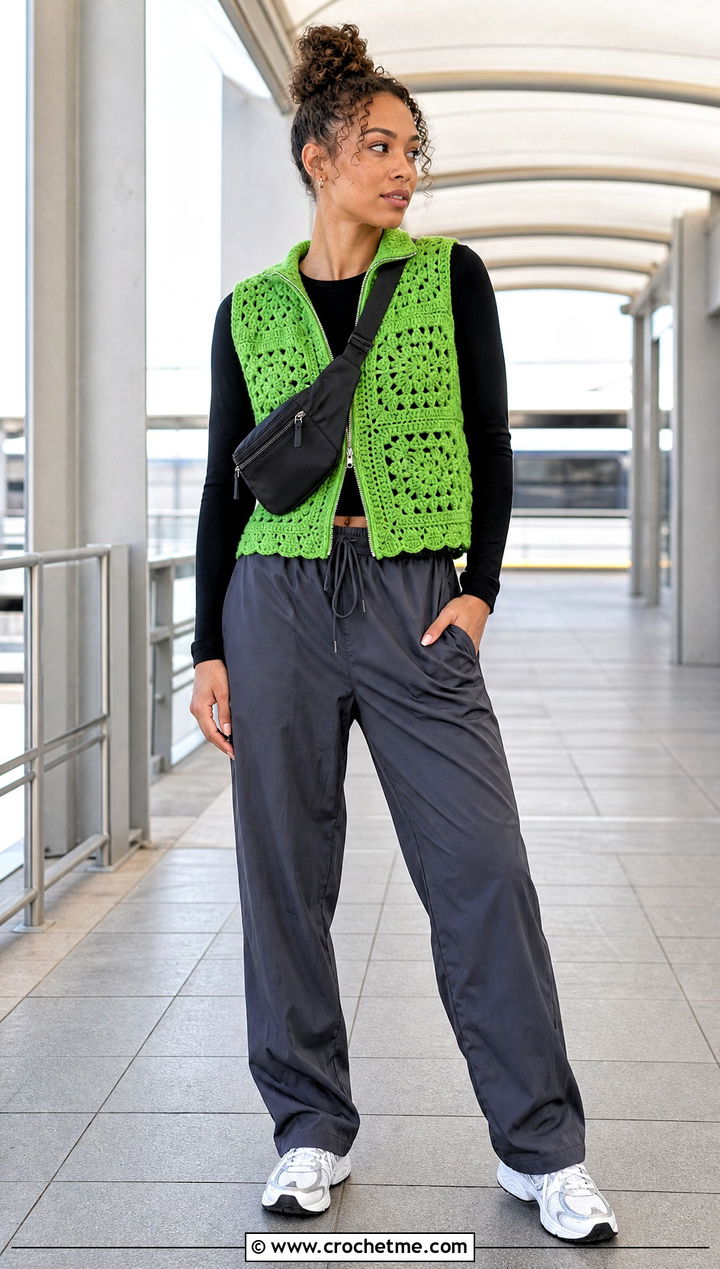 Zip Front Granny Square Vest With Track Pants - 15 Crochet Granny Square Vest outfit ideas