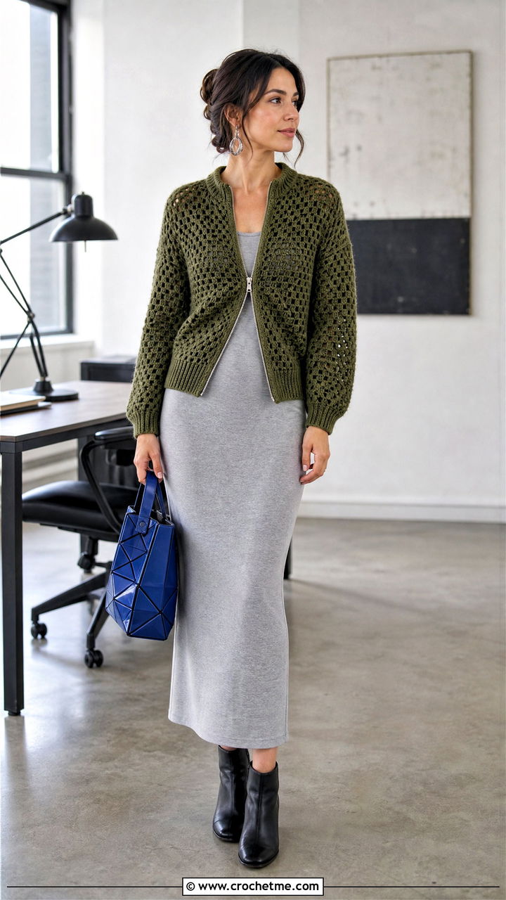 Zip Front Green Crochet Cardigan Sweater With Column Dress - 35 green crochet sweater outfit ideas