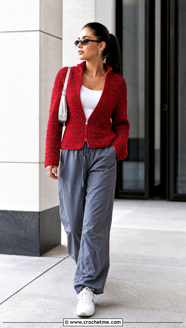 Zip Front Half Double Crochet Cardigan With Parachute Pants - 25 Half Double Crochet Cardigan outfit ideas
