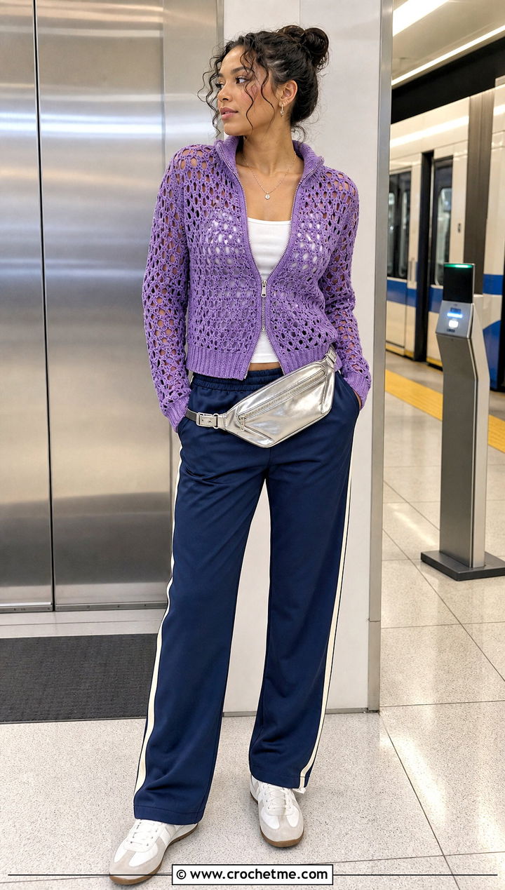 Zip Front Hex Crochet Cardigan With Track Pants - 35 hex crochet cardigan outfit ideas