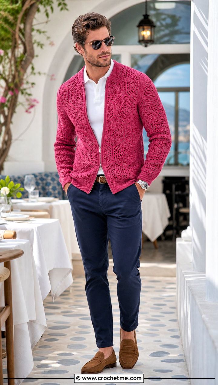 Zip Front Hexagon Crochet Cardigan With Polo And Chinos - 35 men hexagon crochet cardigan outfit ideas