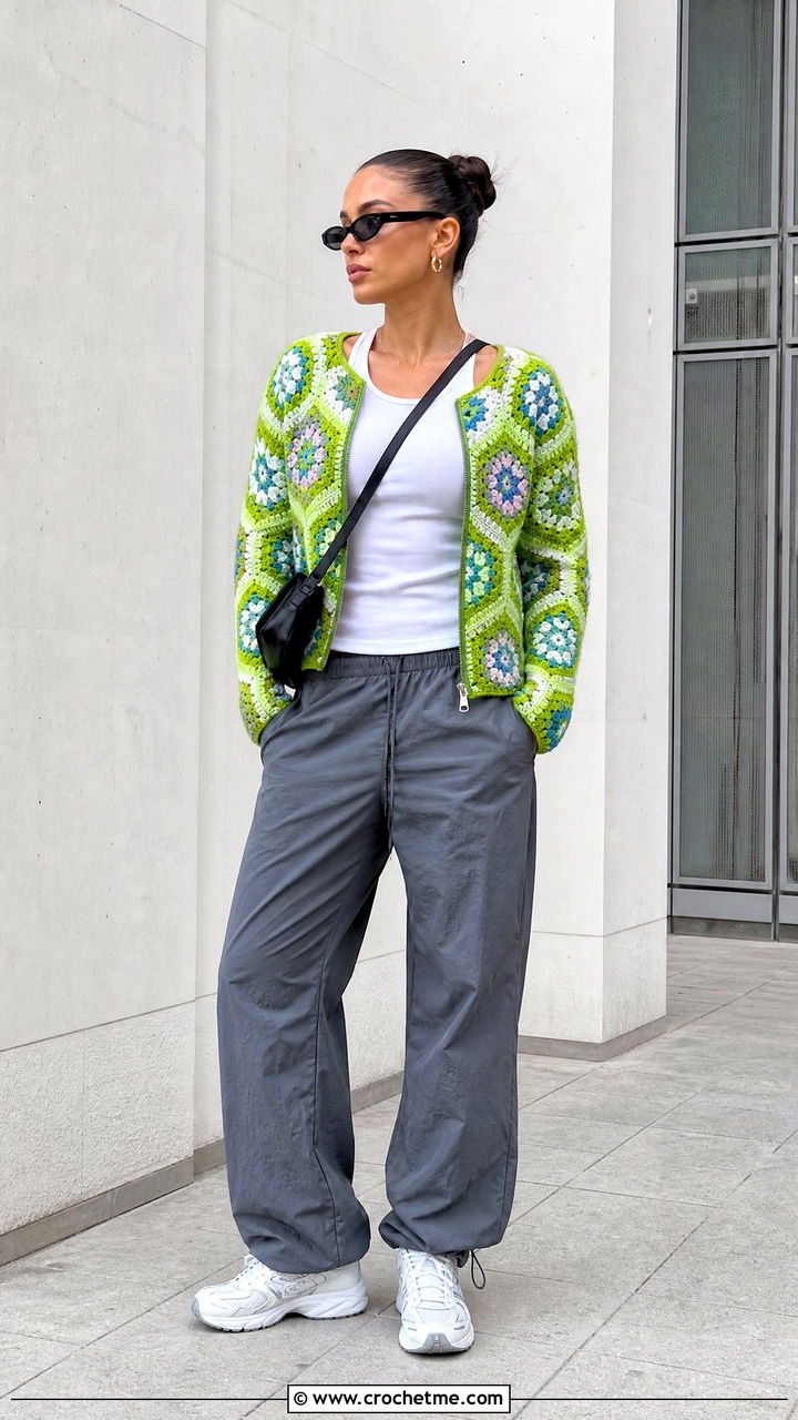 Zip Front Hexagon Granny Square Cardigan With Parachute Pants - 35 hexagon granny square cardigan outfit ideas