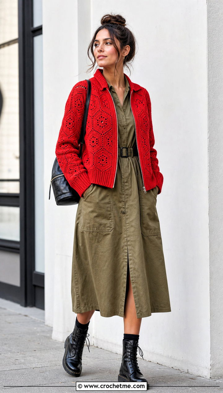 Zip Front Hexi Cardigan With Utility Dress - 35 crochet hexi cardigan outfit ideas