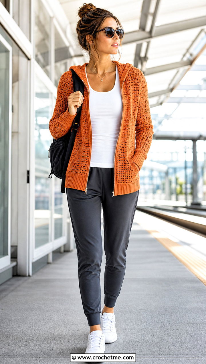 Zip Front Hooded Crochet Cardigan With Track Pants - 35 hooded crochet cardigan outfit ideas