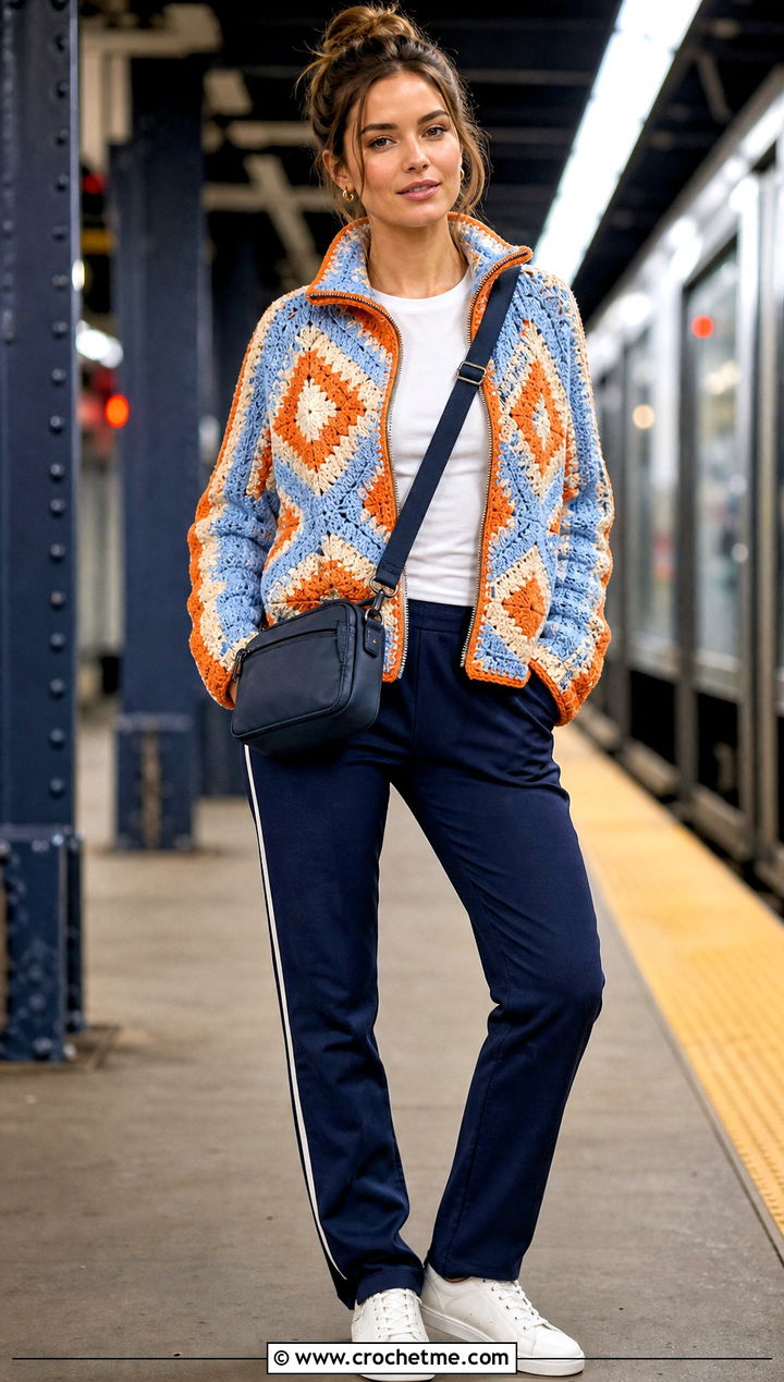 Zip Front Howls Crochet Jacket With Track Pants - 25 Howls Crochet Jacket outfit ideas