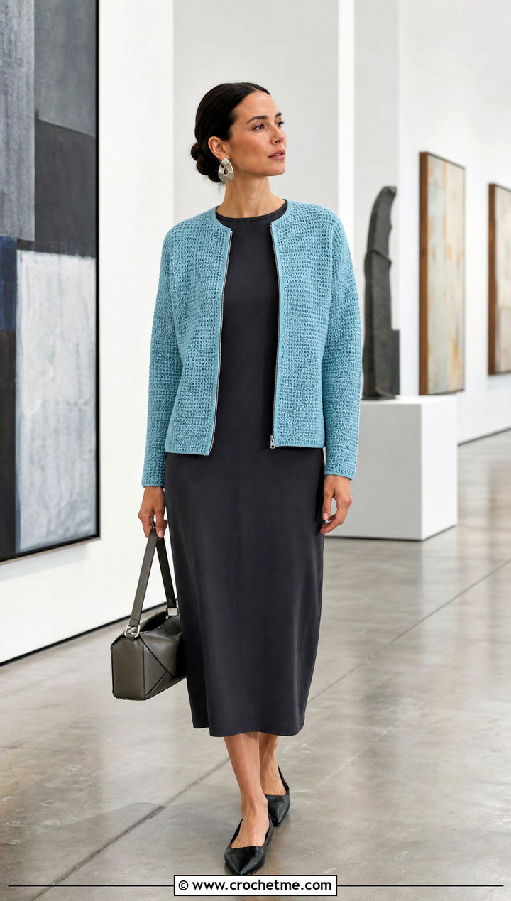 Zip Front Knit Look Crochet Cardigan With Column Dress - 25 Knit Look Crochet Cardigan outfit ideas