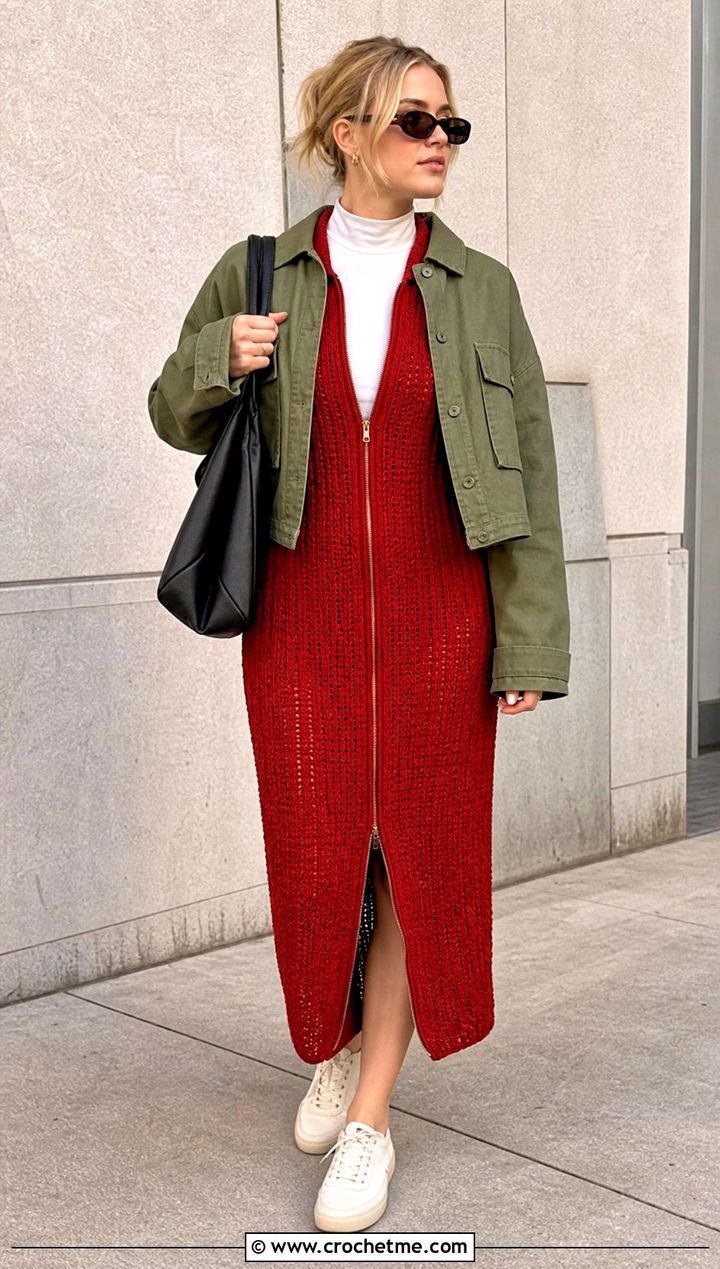 Zip Front Long Sleeve Crochet Sweater Dress With Utility Jacket - 25 long sleeve crochet sweater dress outfit ideas