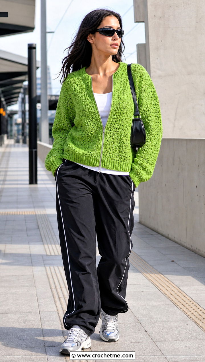 Zip Front Moss Stitch Cardigan With Track Pants - 30 crochet moss stitch cardigan outfit ideas