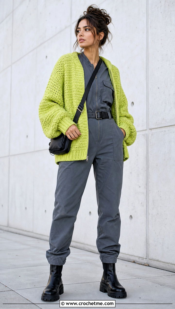 Zip Front Oversized Chunky Crochet Cardigan With Utility Jumpsuit - 25 oversized chunky crochet cardigan outfit ideas