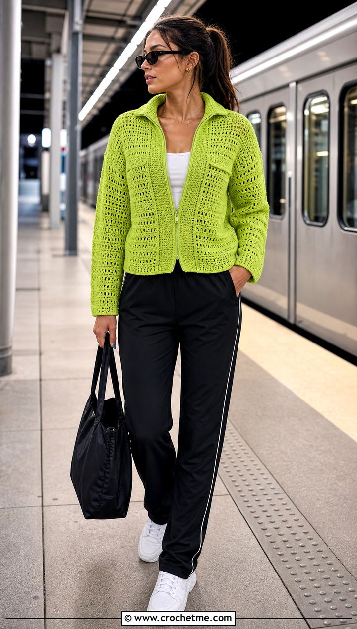 Zip Front Pocket Crochet Sweater With Track Pants - 25 crochet sweater with pockets outfit ideas