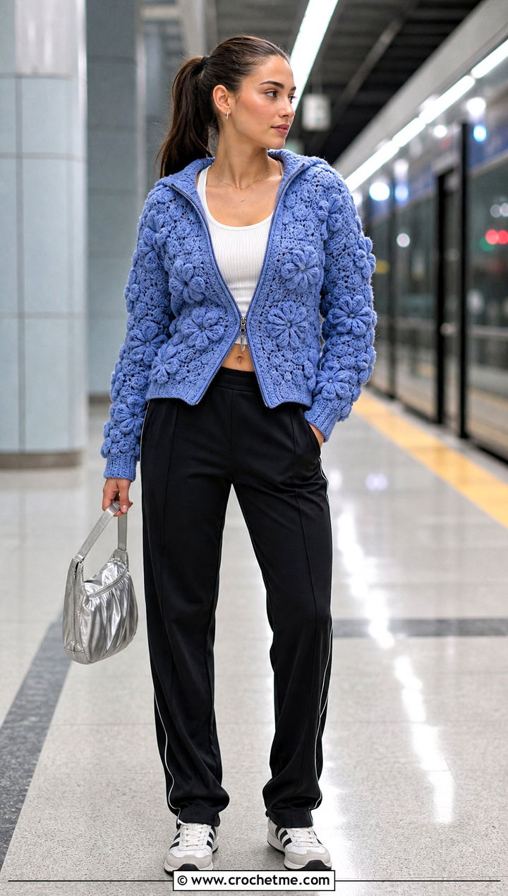 Zip Front Puff Flower Crochet Cardigan With Track Pants - 25 puff flower crochet cardigan outfit ideas
