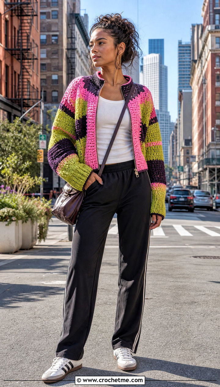 Zip Front Rainbow Crochet Cardigan With Track Pants - 25 Rainbow Crochet Cardigan outfit ideas