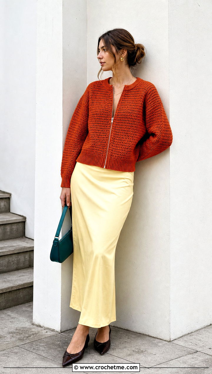 Zip Front Rust Colored Crochet Cardigan With Maxi Skirt - 15 rust-colored crochet cardigan outfit ideas