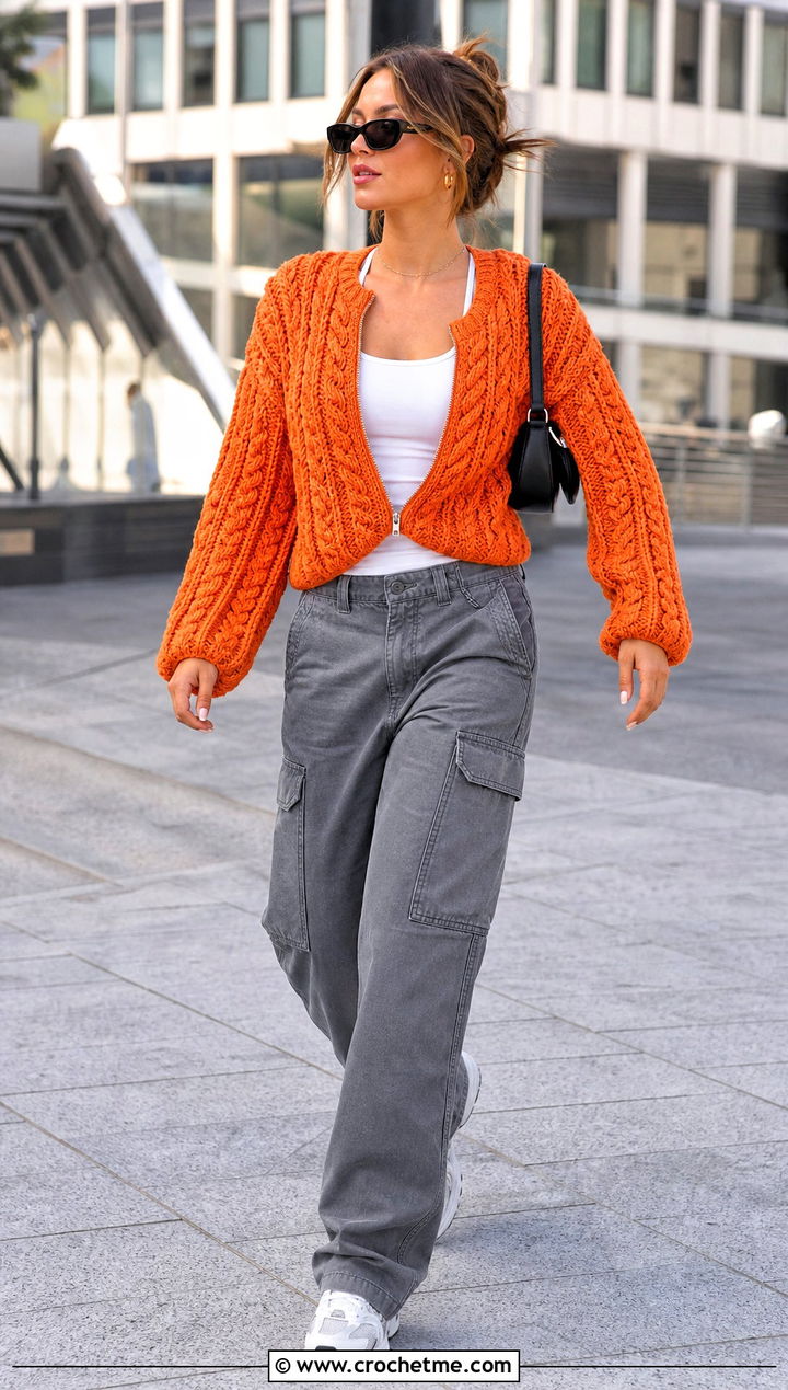 Zip Front Twisted Cable Cardigan With Cargo Pants - 25 Crochet Cable Cardigan outfit ideas