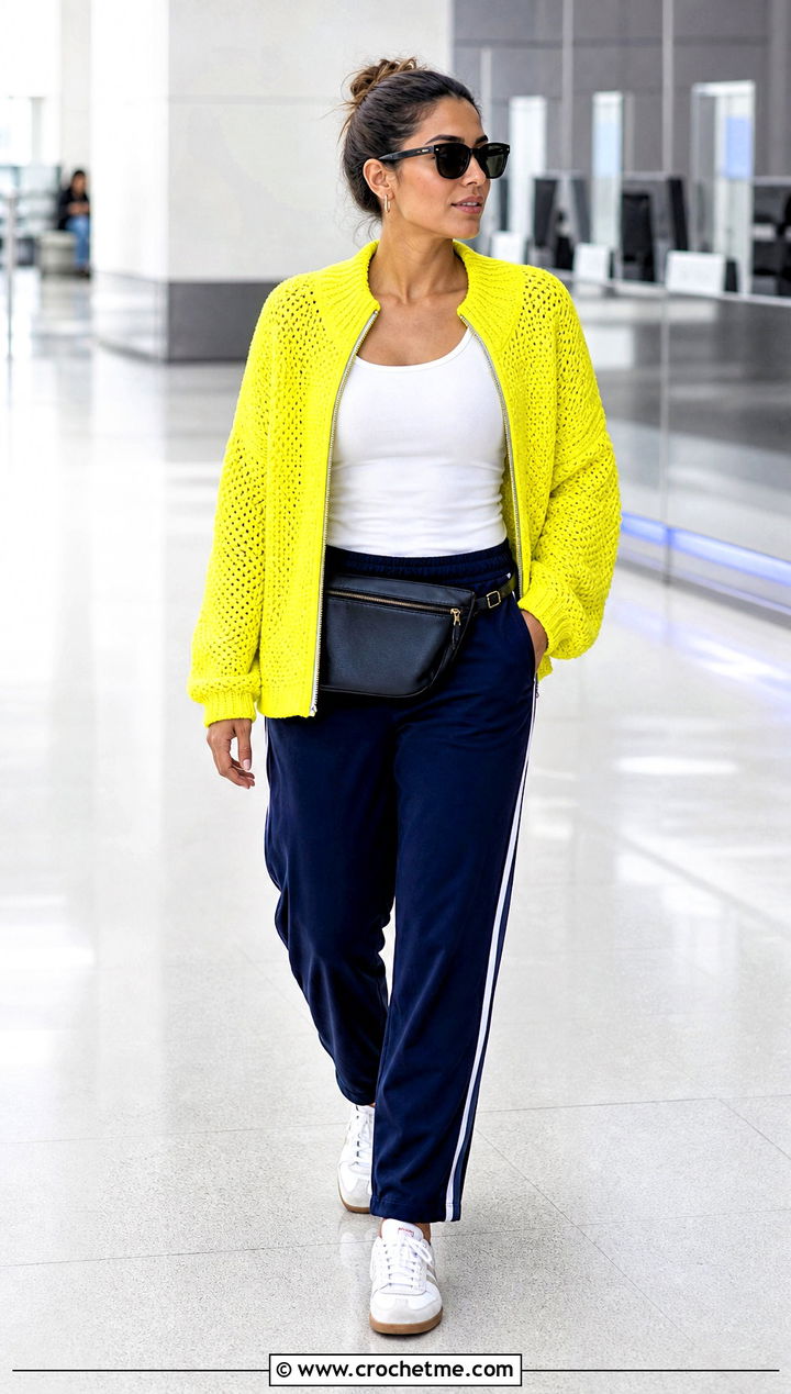 Zip Front Yellow Crochet Cardigan With Track Pants - 30 yellow crochet cardigan outfit ideas