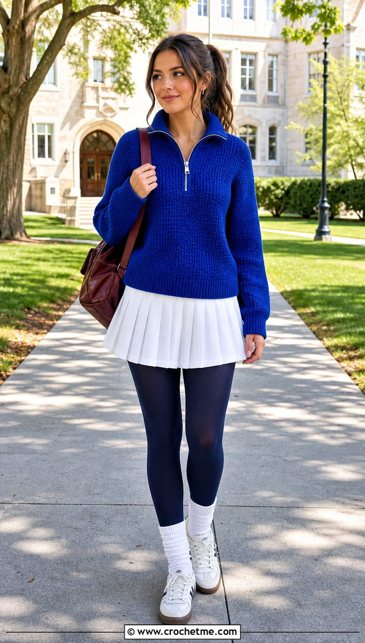 Zip Neck Alpine Stitch Sweater With Tennis Skirt - 25 crochet alpine stitch sweater outfit ideas