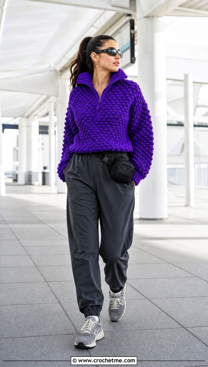 Zip Neck Bobble Sweater With Track Pants - 25 crochet bobble sweater outfit ideas