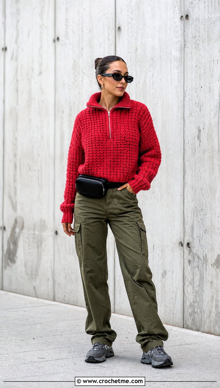 Zip Neck Chunky Crochet Sweater With Cargo Pants - 25 Easy Chunky Crochet Sweater outfit ideas