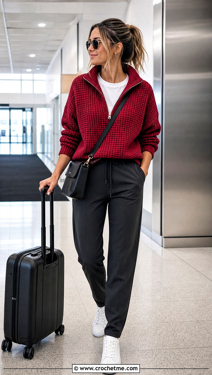 Zip Neck Chunky Crochet Sweater With Track Pants - 25 Chunky Crochet Sweaters outfit ideas