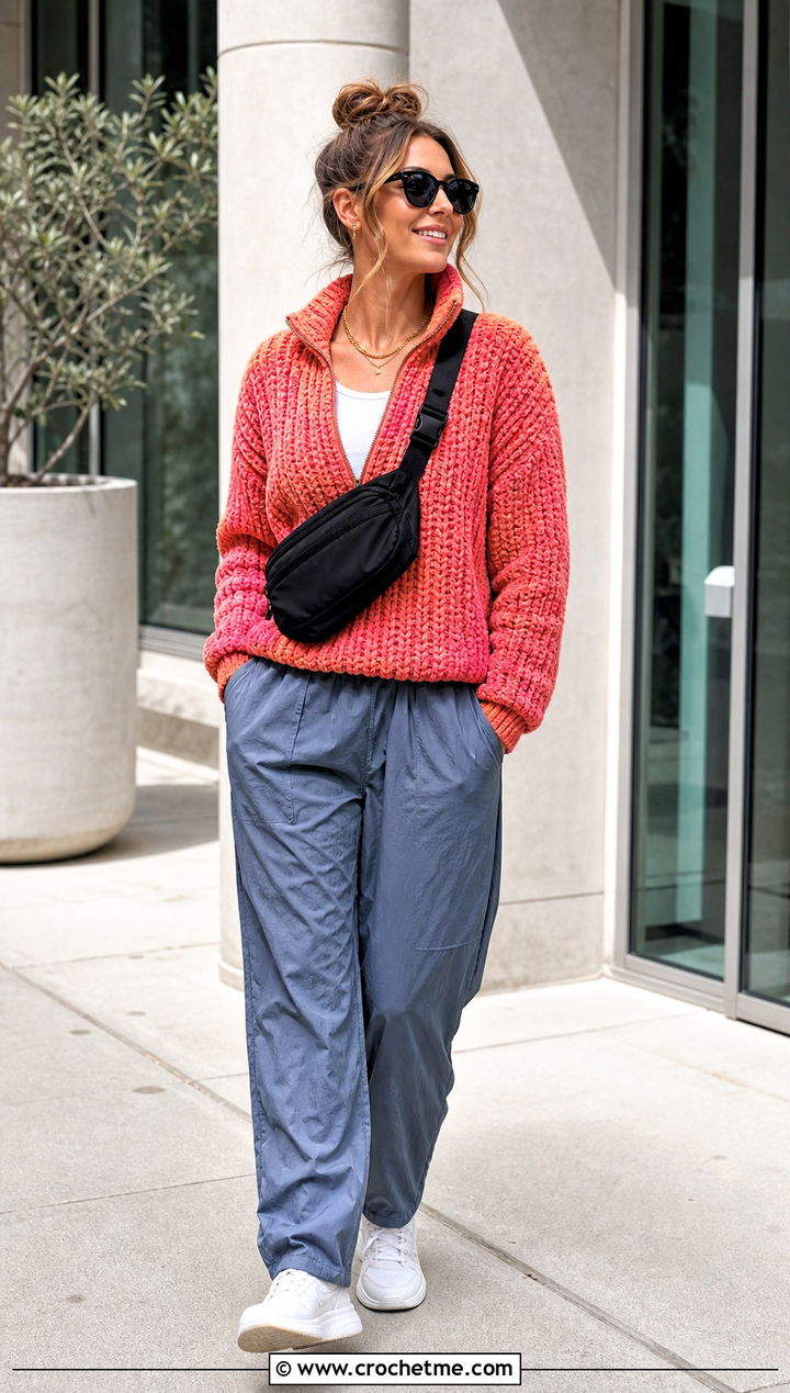 Zip Neck Crochet Chenille Sweater With Parachute Pants - 25 crochet chenille sweater outfit ideas
