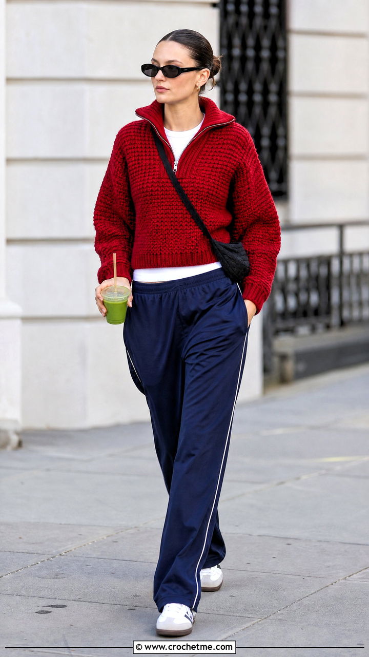 Zip Neck Crochet Chunky Sweater With Track Pants - 35 crochet chunky sweater outfit ideas