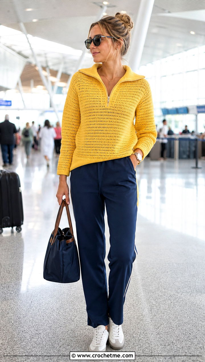 Zip Neck Crochet Cotton Sweater With Track Pants - 25 Crochet Cotton Sweater outfit ideas