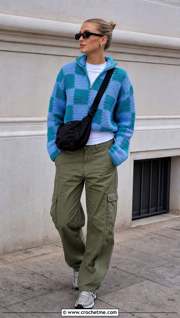 Zip Neck Crochet Gingham Sweater With Cargo Pants - 25 Crochet Gingham Sweater outfit ideas