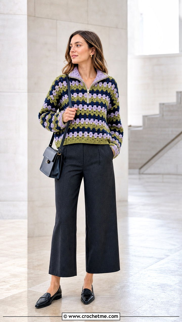 Zip Neck Crochet Granny Stripe Sweater With Culottes - 25 Crochet Granny Stripe Sweater outfit ideas