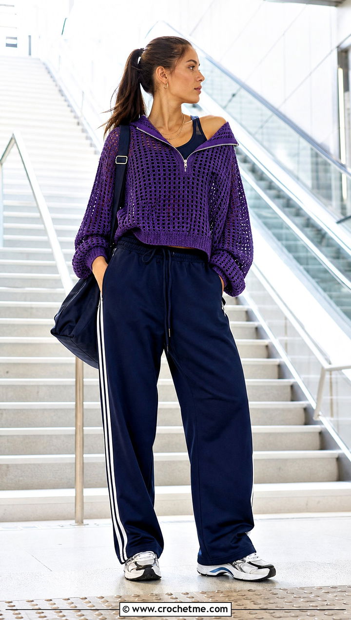 Zip Neck Crochet Mesh Sweater With Track Pants - 35 oversized crochet mesh sweater outfit ideas