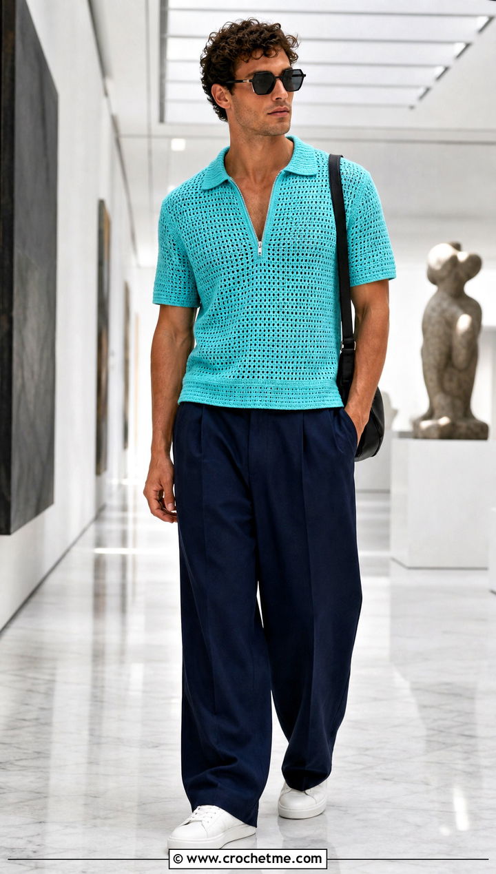 Zip Neck Crochet Polo With Wide Leg Trousers - 15 Mens Crochet Polo Shirt outfit ideas