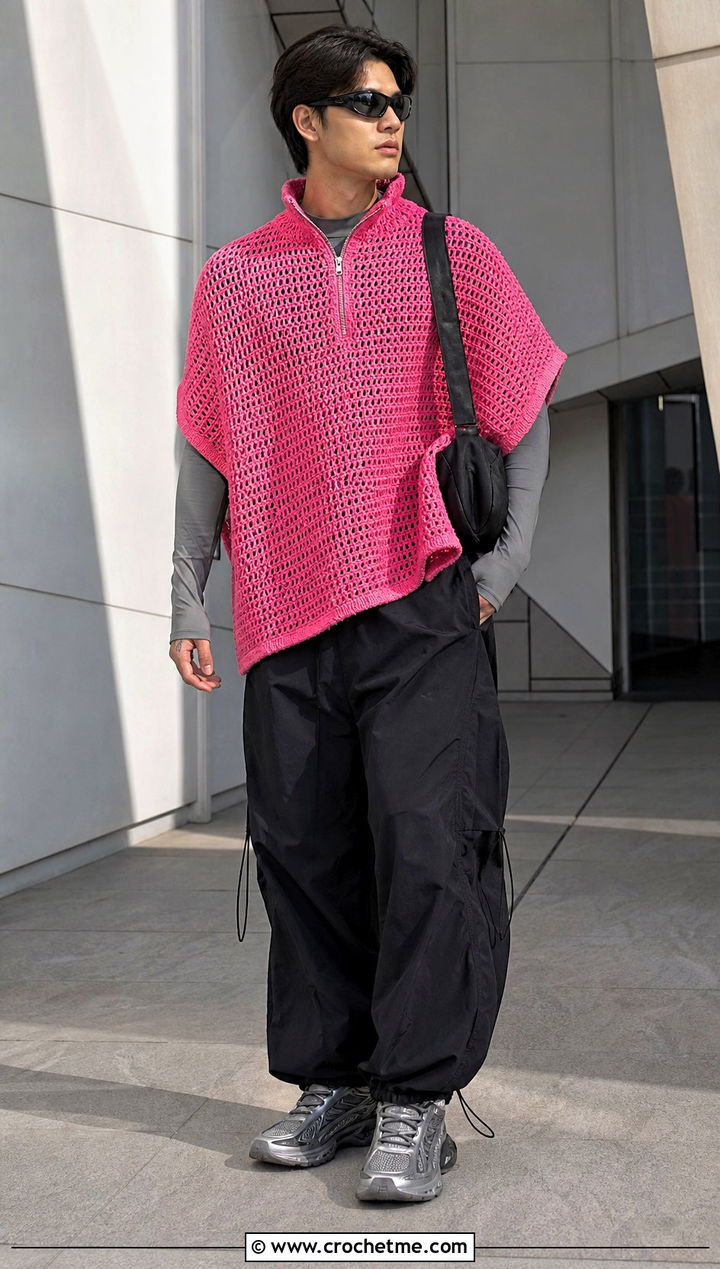 Zip Neck Crochet Poncho With Parachute Pants - 30 men crochet poncho outfit ideas