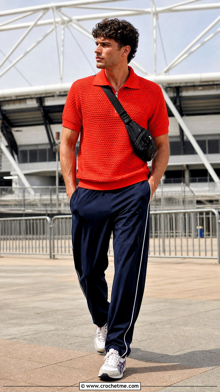 Zip Neck Crochet Shirt With Track Pants - 35 crochet male shirt outfit ideas