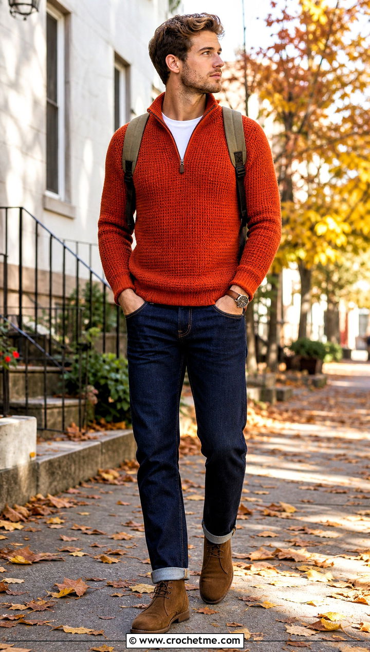 Zip Neck Crochet Sweater With Dark Jeans - 30 male crochet sweater outfit ideas