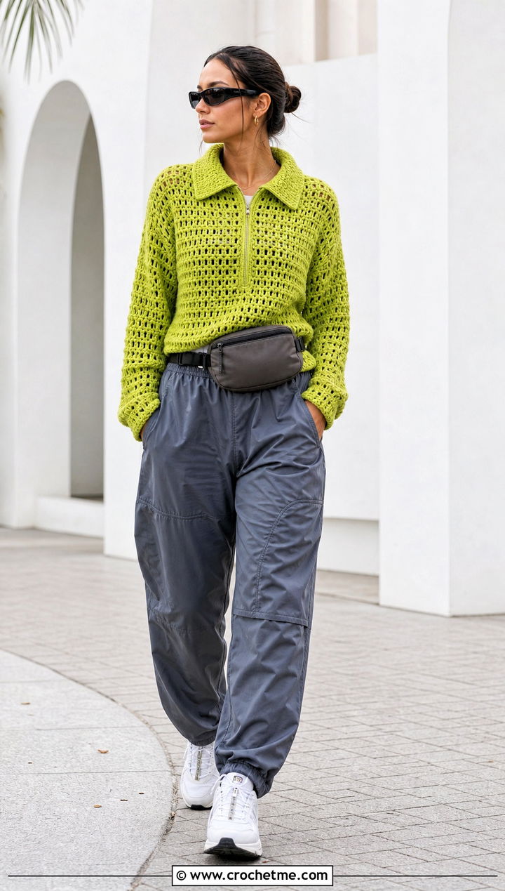 Zip Neck Crochet Sweater With Parachute Pants - 25 Basic Crochet Sweater outfit ideas