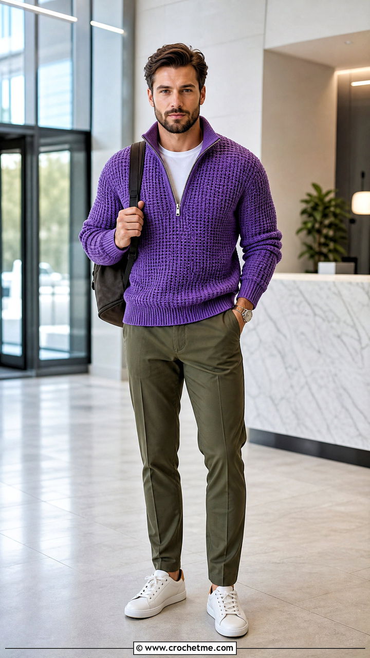 Zip Neck Crochet Sweater With Smart Casual Trousers - 35 men crochet sweater outfit ideas