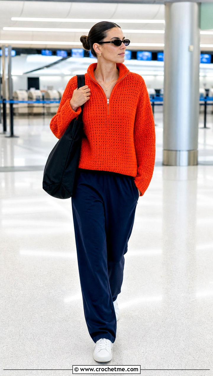 Zip Neck Crochet Sweater With Track Pants - 30 Crocheted Sweater Outfit ideas