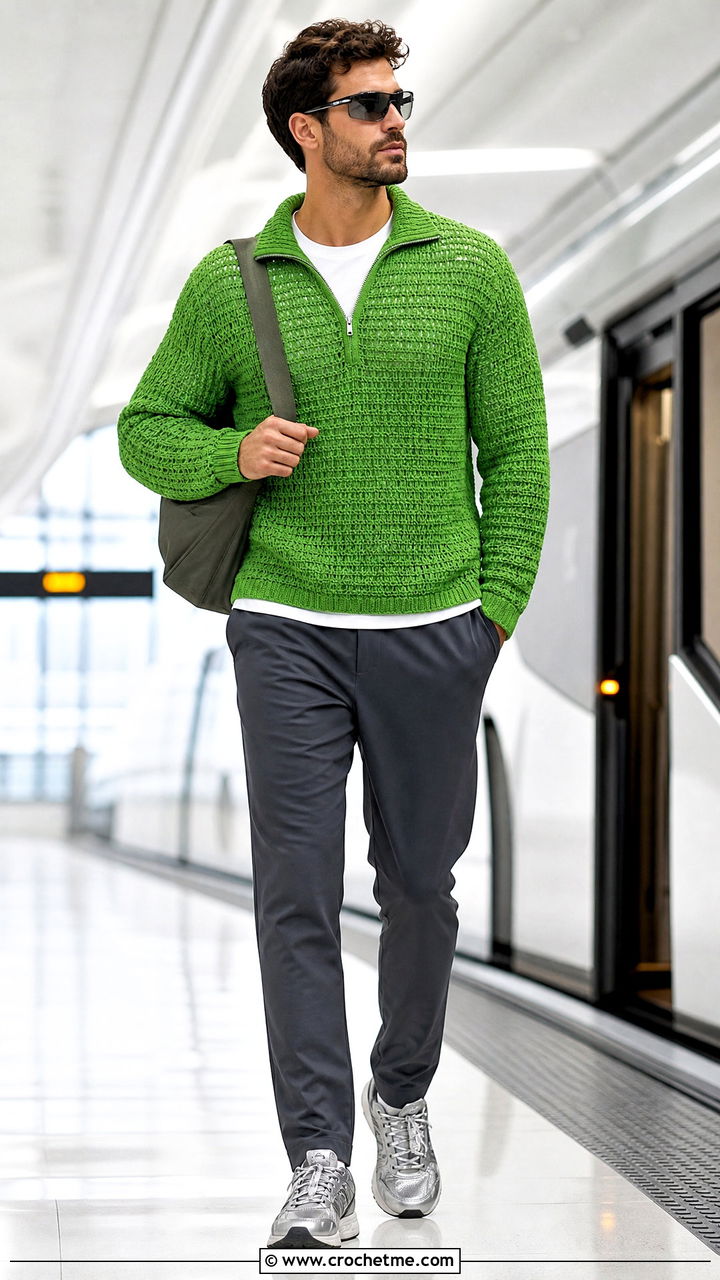 Zip Neck Crochet Sweater With Track Pants - 35 crochet mens sweater outfit ideas
