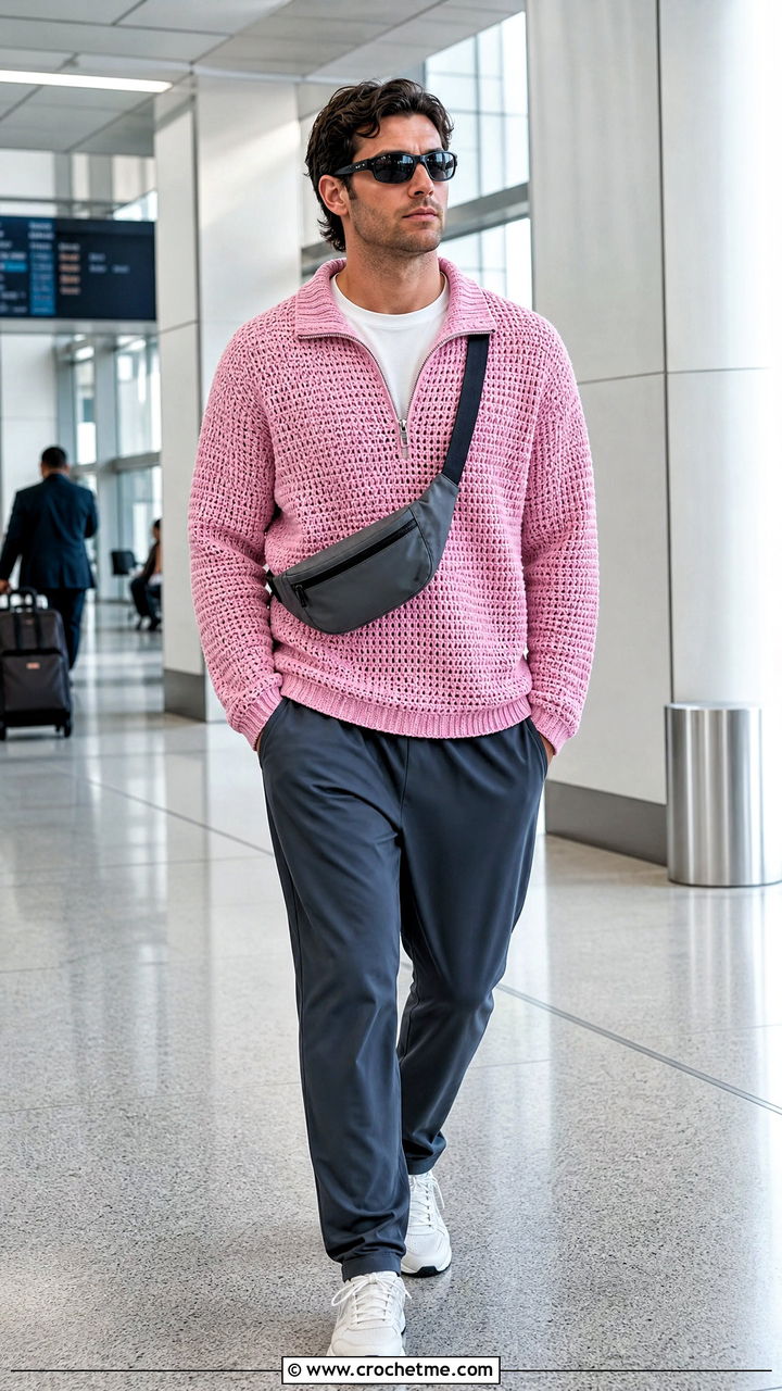 Zip Neck Crochet Sweater With Track Pants - 35 crochet sweater for men outfit ideas