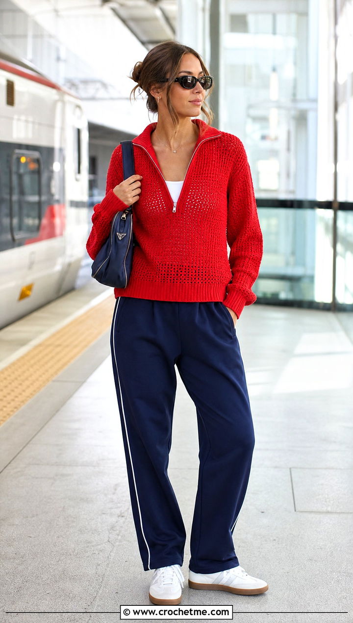 Zip Neck Crochet Sweater With Track Pants - 35 crochet sweater for women outfit ideas