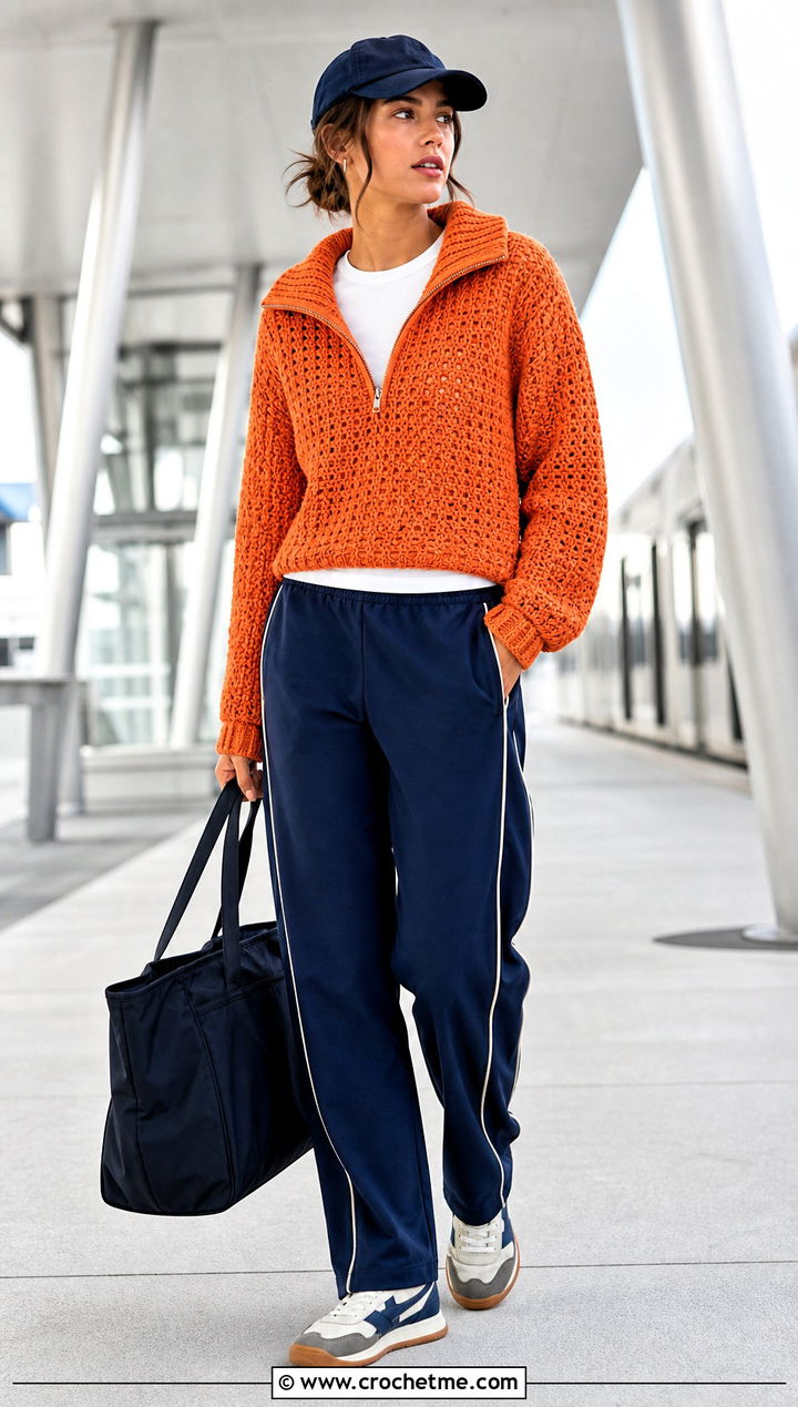 Zip Neck Crochet Sweater With Track Pants - 35 crochet sweater women outfit ideas