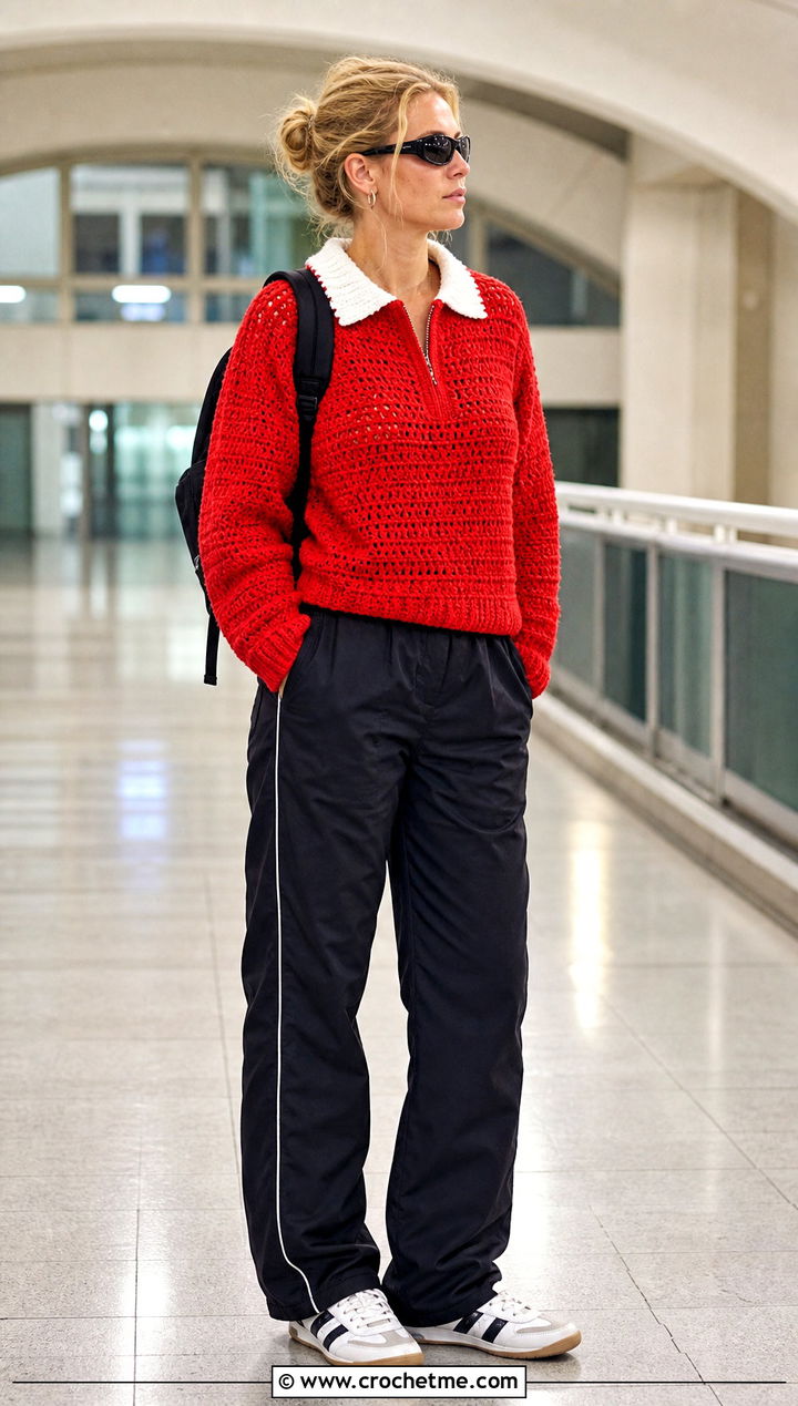 Zip Neck Crochet Sweater With Track Pants - 25 90s crochet sweater outfit ideas