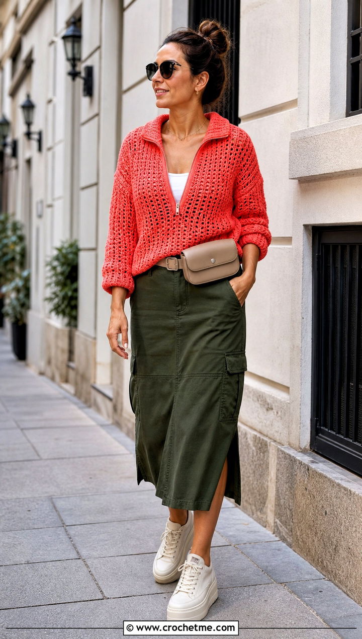 Zip Neck Crochet Sweater With Utility Skirt - 25 crochet sweater and skirt outfit ideas
