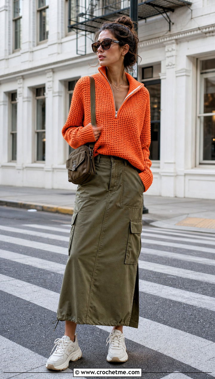 Zip Neck Crochet Waffle Sweater With Cargo Maxi Skirt - 15 Crochet Waffle Sweater outfit ideas
